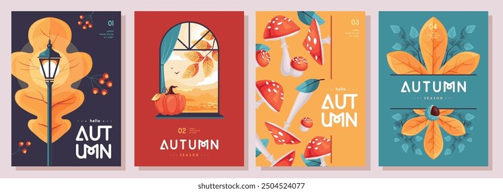 Set of retro flat autumn covers or party posters with autumn floral attributes, landscape, falling leaves and mushrooms. Seasonal sale posters. Vector illustration