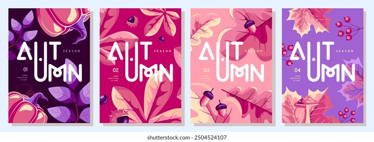 Set of retro flat autumn covers or party posters with autumn floral attributes. Seasonal sale poster. Vector illustration