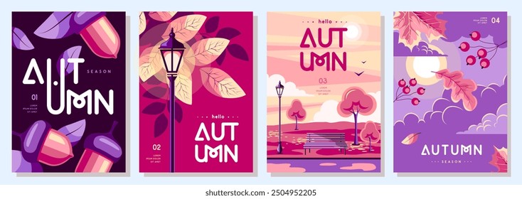 Set of retro flat autumn covers or party posters with autumn floral attributes. Seasonal sale poster. Vector illustration