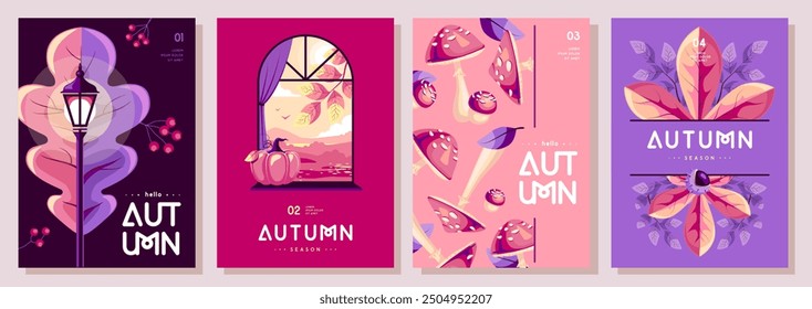 Set of retro flat autumn covers or party posters with autumn floral attributes, landscape, falling leaves and mushrooms. Seasonal sale posters. Vector illustration