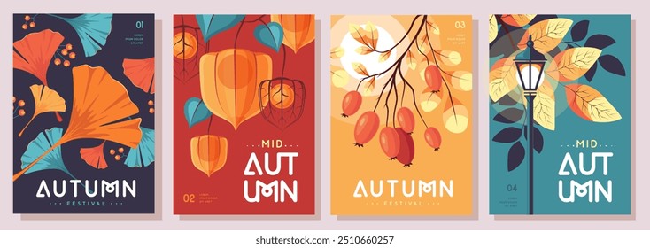 Set of retro flat autumn covers or party posters with autumn floral attributes. Seasonal sale poster. Vector illustration