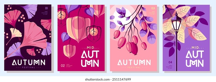 Conjunto de cubiertas de otoño plano retro o carteles de fiesta con atributos florales de otoño. Cartel de venta de temporada. Ilustración vectorial