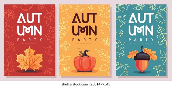 Conjunto de carteles de fiesta de otoño plano retro con atributos florales de otoño. Cartel de venta de temporada. Ilustración vectorial