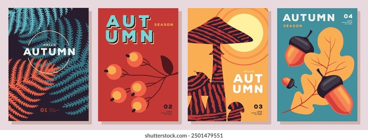 Set of retro flat autumn party posters with autumn floral attributes. Seasonal sale poster. Vector illustration