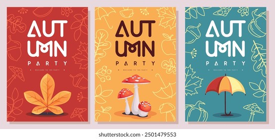 Set of retro flat autumn party posters with autumn floral attributes. Seasonal sale poster. Vector illustration