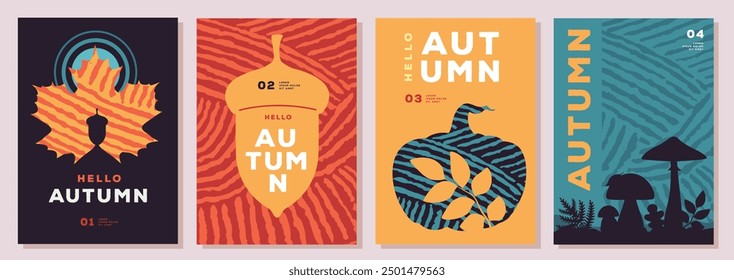 Set of retro flat autumn party posters with autumn floral attributes. Seasonal sale poster. Vector illustration