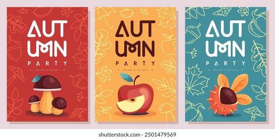 Set of retro flat autumn party posters with autumn floral attributes. Seasonal sale poster. Vector illustration