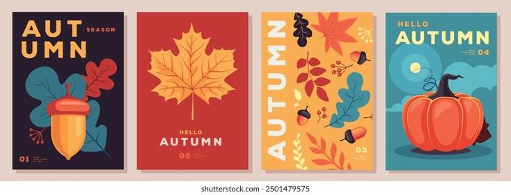 Conjunto de carteles de fiesta de otoño plano retro con atributos florales de otoño. Cartel de venta de temporada. Ilustración vectorial