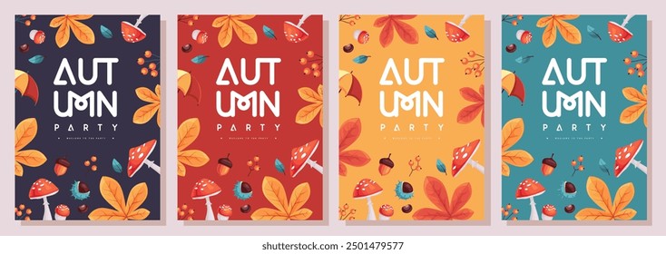 Set of retro flat autumn party posters with autumn floral attributes. Seasonal sale poster. Vector illustration