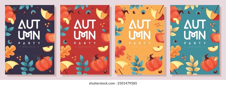 Conjunto de carteles de fiesta de otoño plano retro con atributos florales de otoño. Cartel de venta de temporada. Ilustración vectorial