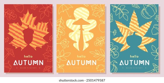 Set of retro flat autumn party posters with autumn floral attributes and leaves silhouettes. Seasonal sale poster. Vector illustration