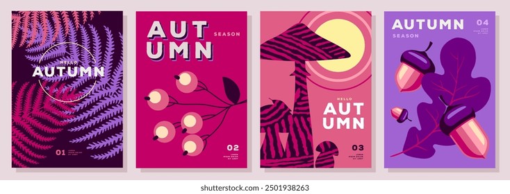 Set of retro flat autumn party posters with autumn floral attributes. Seasonal sale poster. Vector illustration