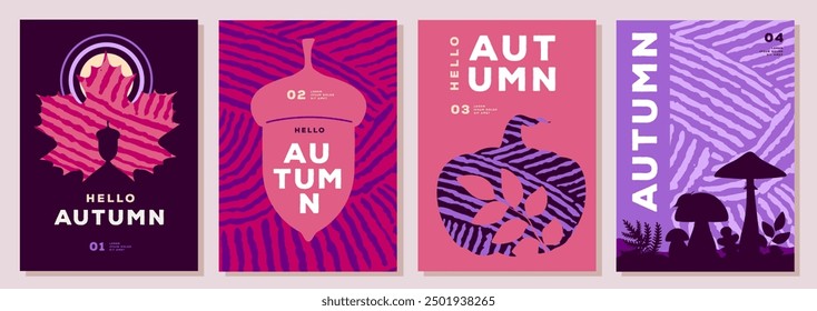 Set of retro flat autumn party posters with autumn floral attributes. Seasonal sale poster. Vector illustration