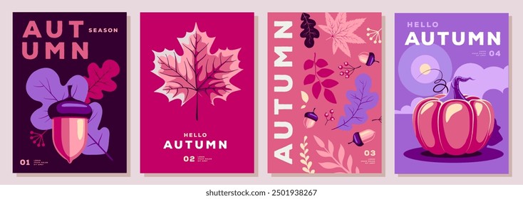 Set of retro flat autumn party posters with autumn floral attributes. Seasonal sale poster. Vector illustration