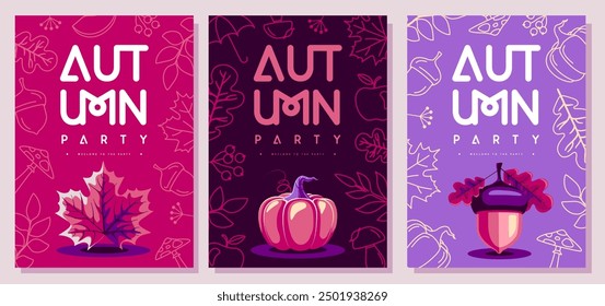 Set of retro flat autumn party posters with autumn floral attributes. Seasonal sale poster. Vector illustration