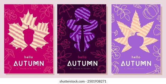 Set of retro flat autumn party posters with autumn floral attributes and leaves silhouettes. Seasonal sale poster. Vector illustration