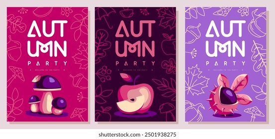 Set of retro flat autumn party posters with autumn floral attributes. Seasonal sale poster. Vector illustration