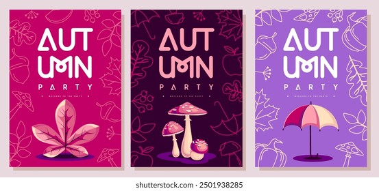 Set of retro flat autumn party posters with autumn floral attributes. Seasonal sale poster. Vector illustration