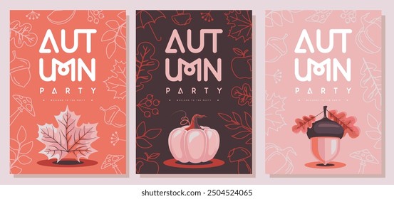 Set of retro flat autumn party posters with autumn floral attributes. Seasonal sale poster. Vector illustration