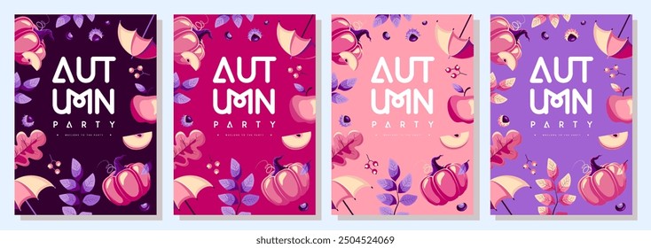 Set of retro flat autumn party posters with autumn floral attributes. Seasonal sale poster. Vector illustration