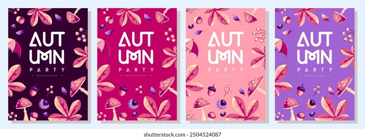 Set of retro flat autumn party posters with autumn floral attributes. Seasonal sale poster. Vector illustration