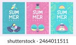 Set of retro flat summer disco party posters with summer attributes. Vector illustration