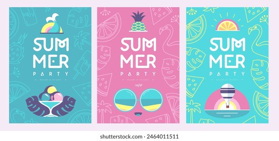 Set of retro flat summer disco party posters with summer attributes. Vector illustration