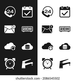 Set Retro flip clock, New, email incoming message, Telephone 24 hours support, Calendar with check mark, Cloud sync refresh and database icon. Vector