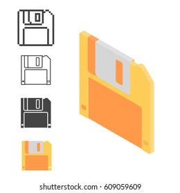 Set retro floppy disk isometric, line and pixel icon.