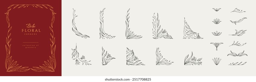 Set of retro floral design elements. Botanic frame, corner and borders in wavy and vintage style. Boho leaves and branches print for social media, packaging or wedding greeting card. Vector