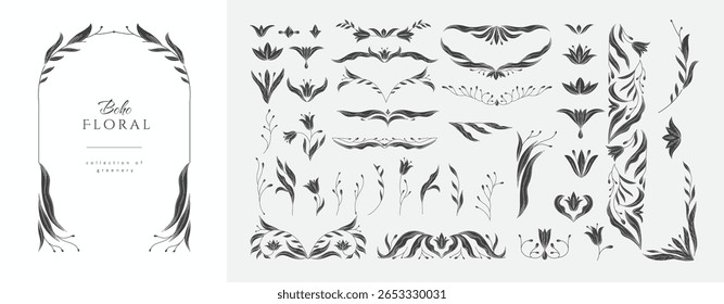 Set of retro floral design elements in silhouette or linocut style . Botanic frame, corner and borders in wavy and vintage style. Boho for print packaging or wedding greeting card