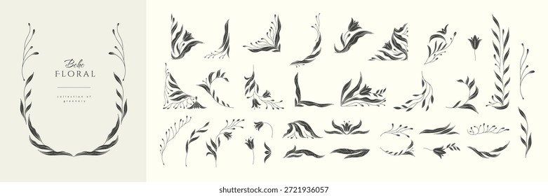 Set of retro floral design elements in silhouette or linocut style . Botanic frame, corner and borders in wavy and vintage style. Boho leaves and branches print packaging or wedding greeting card