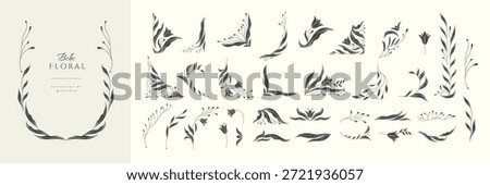 Set of retro floral design elements in silhouette or linocut style . Botanic frame, corner and borders in wavy and vintage style. Boho leaves and branches print packaging or wedding greeting card