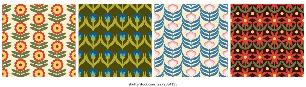 Set of Retro Floral Pattern. 70s Funky Design collection with Geometric Flowers. Groovy Mid Century scandi Seamless vector texture for fabric design, textile print, wrapping, cover
