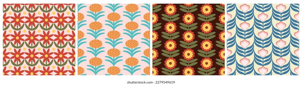 Set of Retro Floral Pattern. 70s Funky Design collection with Geometric Flowers. Groovy Mid Century scandi Seamless vector texture for fabric design, textile print, wrapping, cover