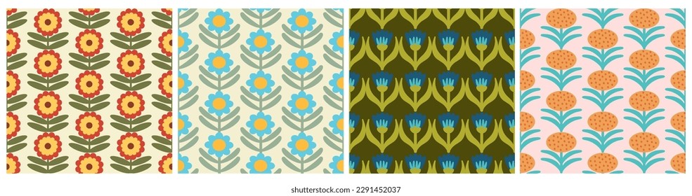 Set von Retro-Blumenmuster. Kollektion Funky Design der 70er Jahre mit geometrischen Blumen. Groovy Mid Century Scandi Nahtlose Vektorstruktur für Stoffdesign, Stoffdruck, Umhüllung