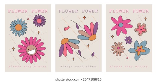 Conjunto de pósters retro 'Flower Power' con flores sonrientes y colores vibrantes. Perfecto para decoración de inspiración vintage, arte de pared o Materiales promocionales