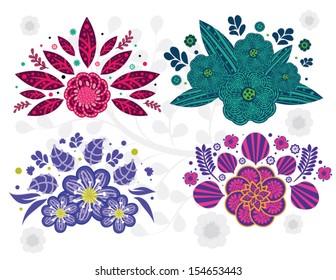 Set of Retro Flowers in a Bunch on a White Background 