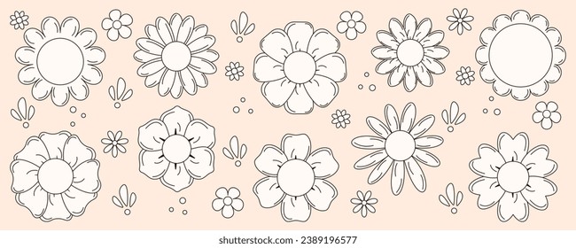 Set of retro flowers icons. Flowers in cartoon groovy style. Vector illustrator.