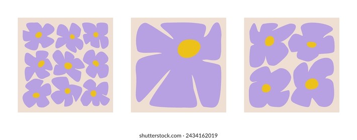 Set of retro flowers posters. Collection of cute floral wall art illustrations 