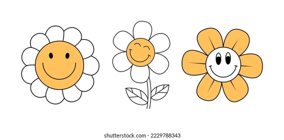 Set of retro flowers. Smiling face. Collection of different flowers in a hippie style. Vector illustration isolated on a white background
