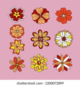 Set with retro flowers. Summer minimalist flowers. 70 s 60 s groovy style plants. Vector illustration on pink background.