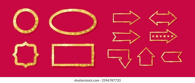 Set retro frame and arrow with empty copy space. Golden shiny and glitter colors. Vector illustration for casino, circus, cinema, movie, theater and other
