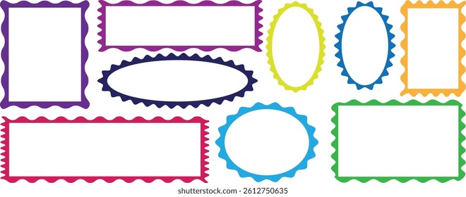 Set of Retro frame, Zig zag wavy edge rectangle frame or border shapes set. Vector set of colorful rectangular frames with scallop edges.