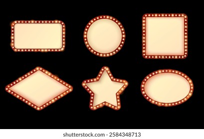 Set of retro frames of different shapes with glowing light bulbs border. Empty circle, star, diamond and square shapes in vintage circus lighting style. For advertising casino or theater. Vector.