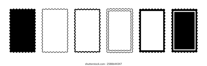 Set of Retro FRAMES WITH DOODLE curvy squiggly wavy. Wave scalloped edge frame. Cute curved frame box. Trendy vector template for greeting card, poster, invitation. Empty text boxes, stamps, tags