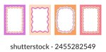 Set of Retro FRAMES WITH DOODLE orange, RED, PINK curvy squiggly wavy. Wave scalloped edge frame. Cute curved frame box. Trendy vector template for greeting card, poster, invitation, social media	