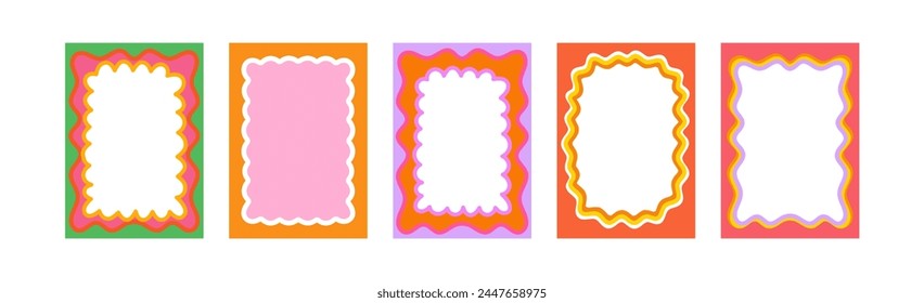 Set of Retro FRAMES WITH DOODLE orange, RED, PINK curvy squiggly wavy. Wave scalloped edge frame. Cute curved frame box. Trendy  vector template for greeting card, poster,  invitation, social media