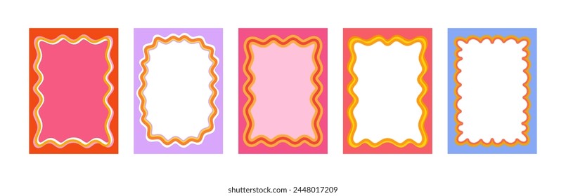 Set of Retro FRAMES WITH DOODLE orange, RED, PINK curvy squiggly wavy. Wave scalloped edge frame. Cute curved frame box. Trendy  vector template for greeting card, poster,  invitation, social media