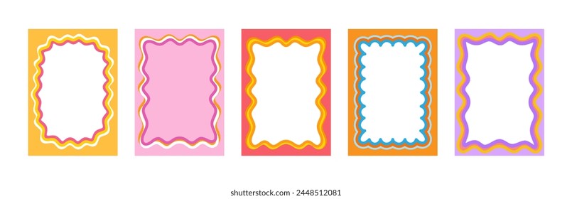 Set of Retro FRAMES WITH DOODLE orange, RED, PINK curvy squiggly wavy. Wave scalloped edge frame. Cute curved frame box. Trendy  vector template for greeting card, poster,  invitation, social media